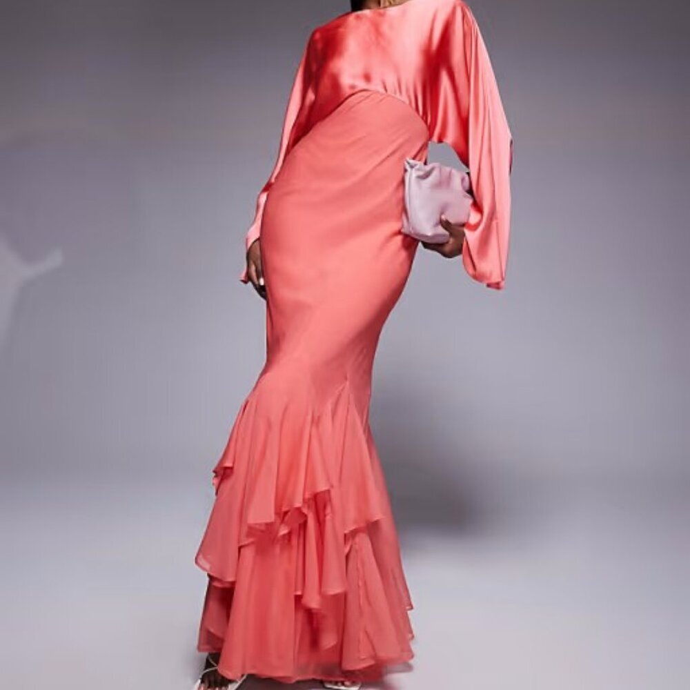 ASOS DESIGN cape sleeve godet maxi dress in coral